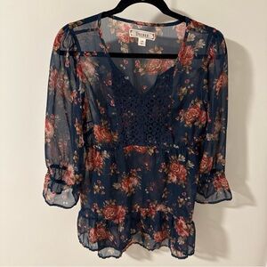 Decree Navy Floral Crochet-V Front Sheer Peasant Tunic